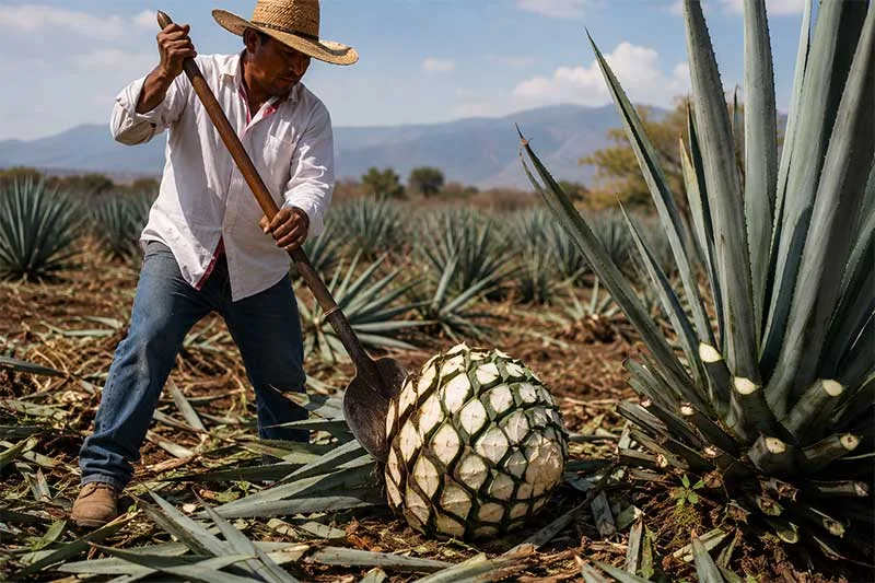 Agave tequilana Weber Un trabajador recolecta la piña de un Agave tequilana Weber