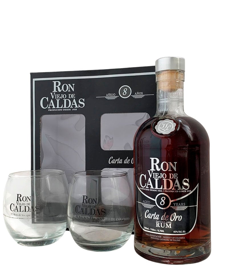 Otros productos de Industria Licorera de Caldas : Viejo de Caldas Reserva 8 Años + 2 Vasos - Imagen del producto