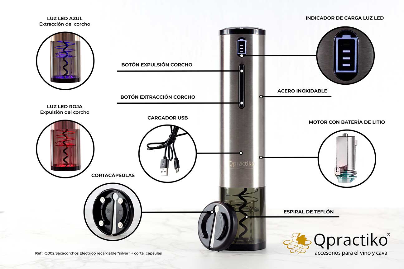 Sacacorchos Eléctrico recargable silver + corta cápsulas